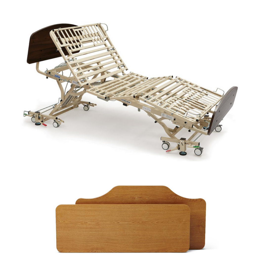 A Medline Alterra Maxx Long-Term Care Hi/Low Hospital Bed with adjustable metal slats and wheels is shown, with two wooden headboard and footboard panels displayed below the bed.